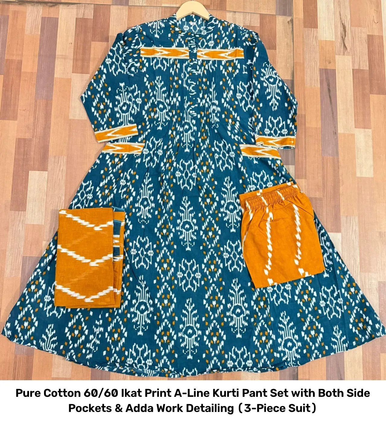 Pure Cotton 60/60 Ikat Print A-Line Kurti Pant Set with Both Side Pockets & Adda Work Detailing (3-Piece Suit) 10