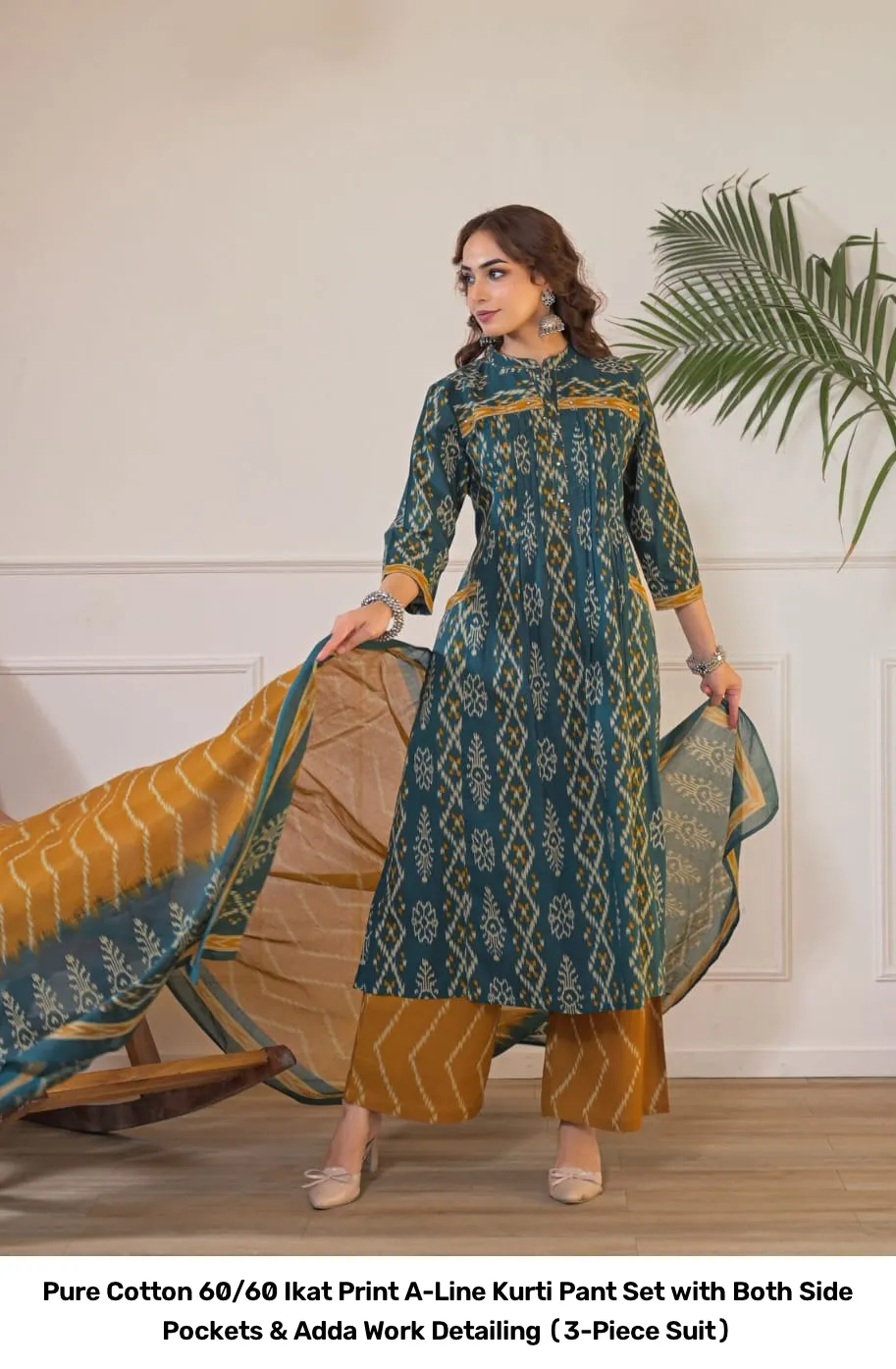 Pure Cotton 60/60 Ikat Print A-Line Kurti Pant Set with Both Side Pockets & Adda Work Detailing (3-Piece Suit) 11