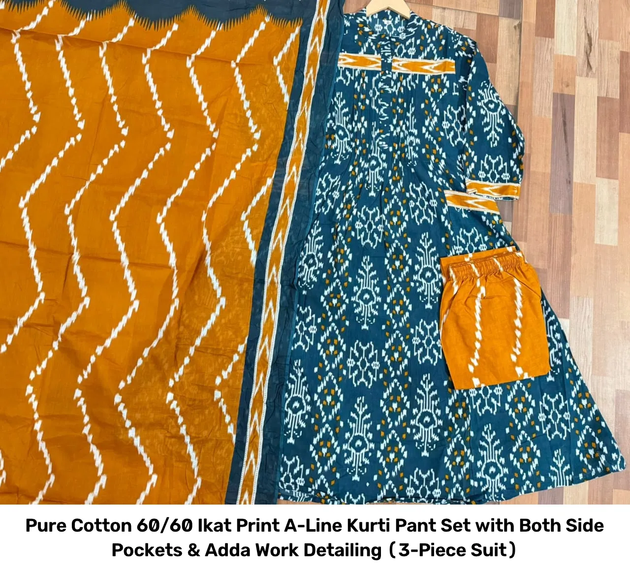 Pure Cotton 60/60 Ikat Print A-Line Kurti Pant Set with Both Side Pockets & Adda Work Detailing (3-Piece Suit) 12