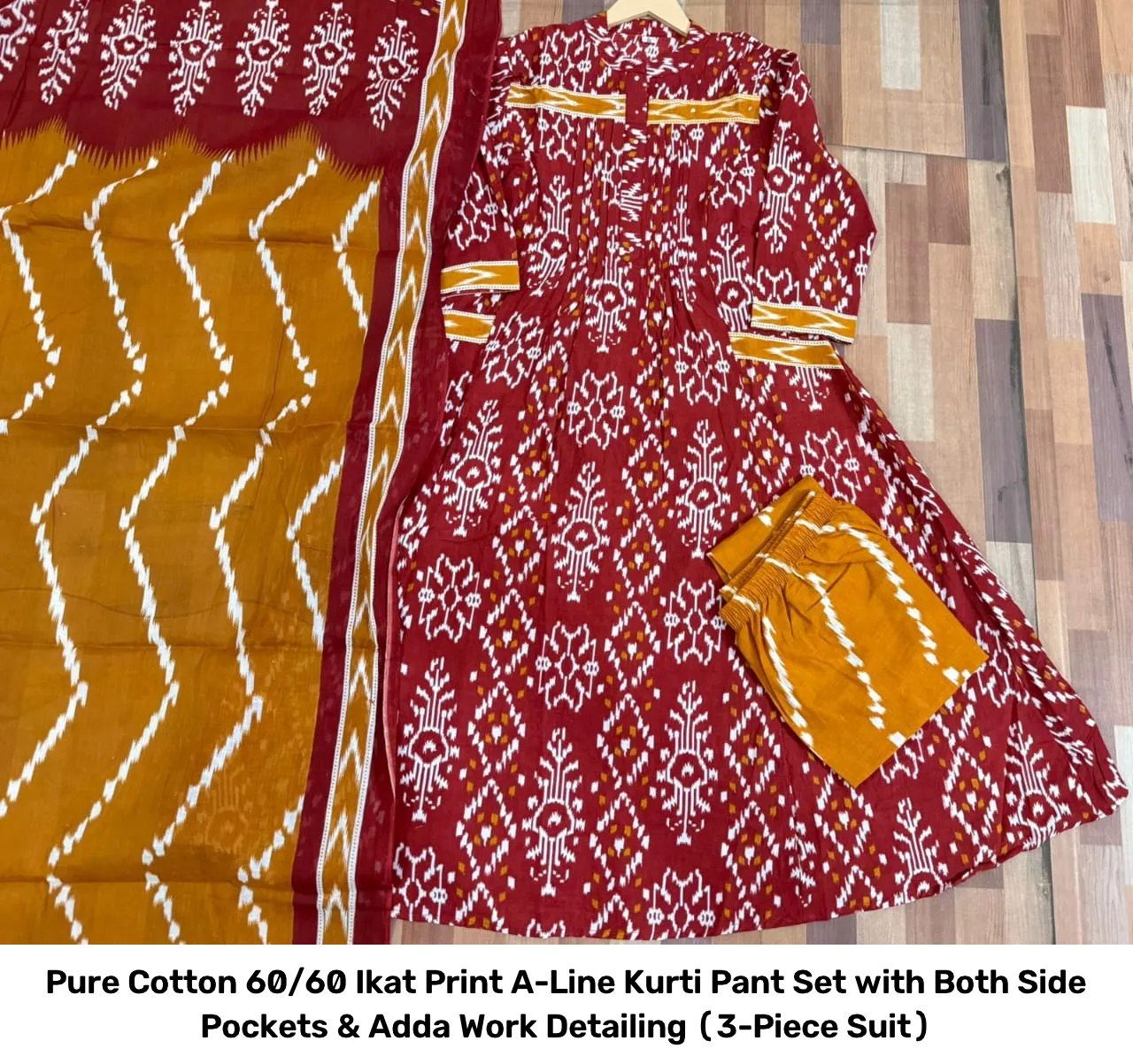 Pure Cotton 60/60 Ikat Print A-Line Kurti Pant Set with Both Side Pockets & Adda Work Detailing (3-Piece Suit) 2