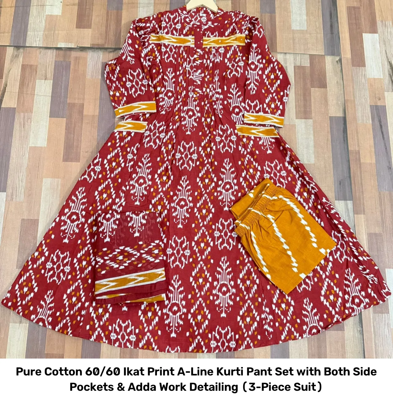 Pure Cotton 60/60 Ikat Print A-Line Kurti Pant Set with Both Side Pockets & Adda Work Detailing (3-Piece Suit) 3