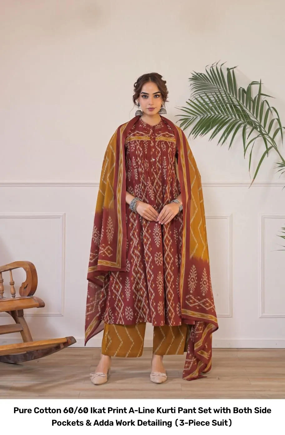 Pure Cotton 60/60 Ikat Print A-Line Kurti Pant Set with Both Side Pockets & Adda Work Detailing (3-Piece Suit) 4