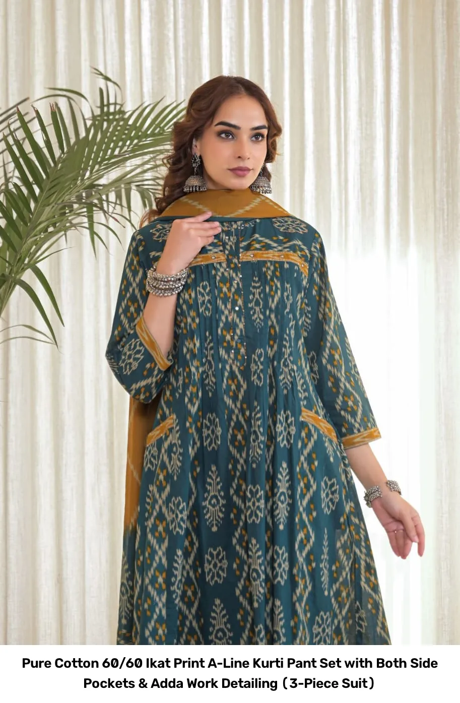 Pure Cotton 60/60 Ikat Print A-Line Kurti Pant Set with Both Side Pockets & Adda Work Detailing (3-Piece Suit) 5