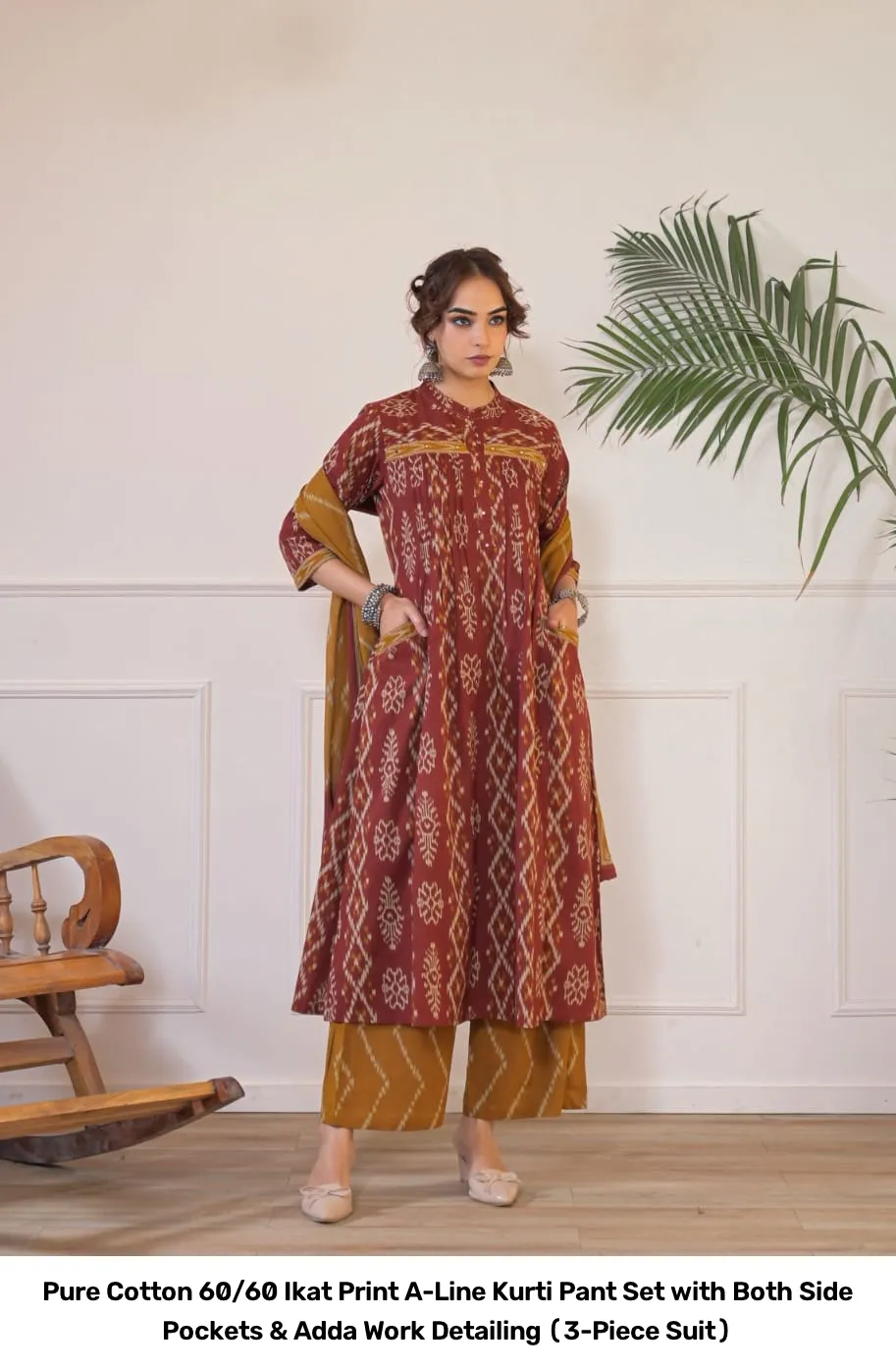 Pure Cotton 60/60 Ikat Print A-Line Kurti Pant Set with Both Side Pockets & Adda Work Detailing (3-Piece Suit) 6