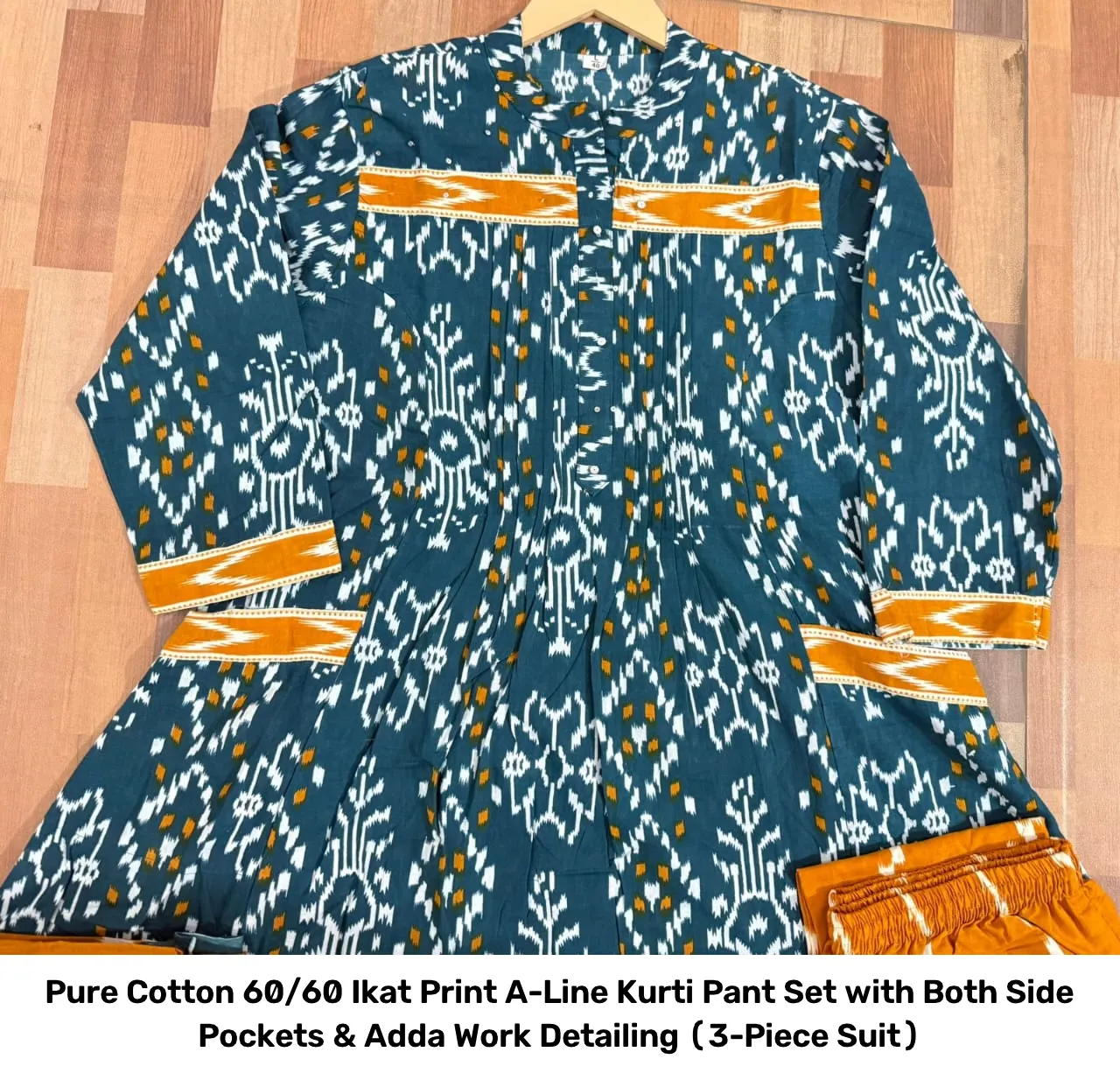 Pure Cotton 60/60 Ikat Print A-Line Kurti Pant Set with Both Side Pockets & Adda Work Detailing (3-Piece Suit) 7