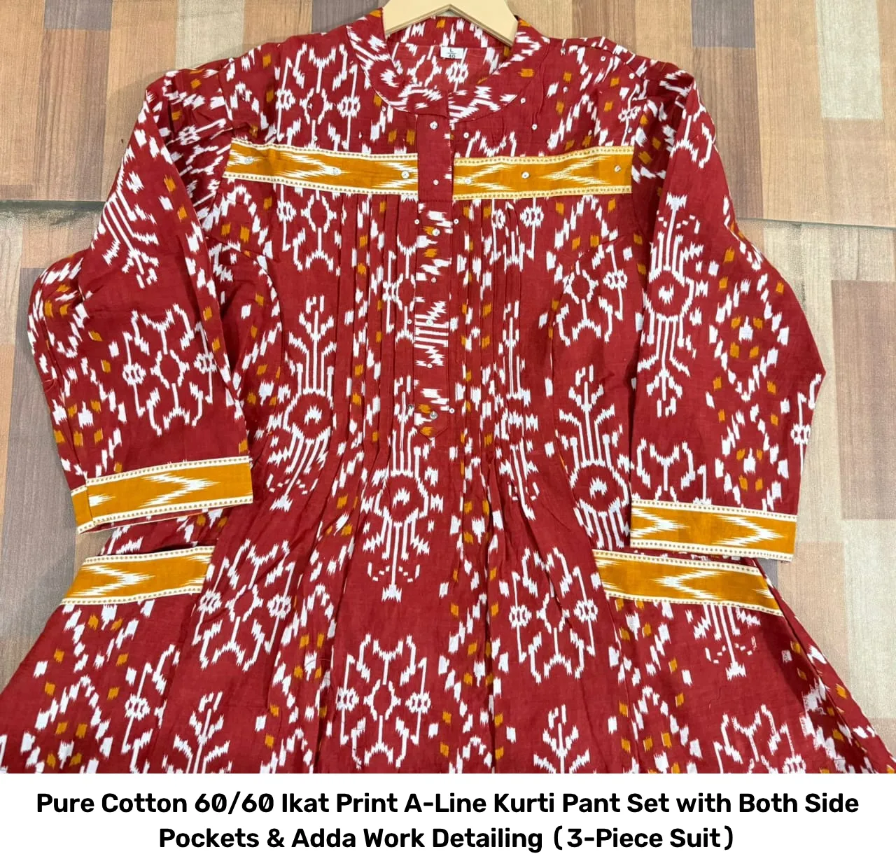 Pure Cotton 60/60 Ikat Print A-Line Kurti Pant Set with Both Side Pockets & Adda Work Detailing (3-Piece Suit) 8