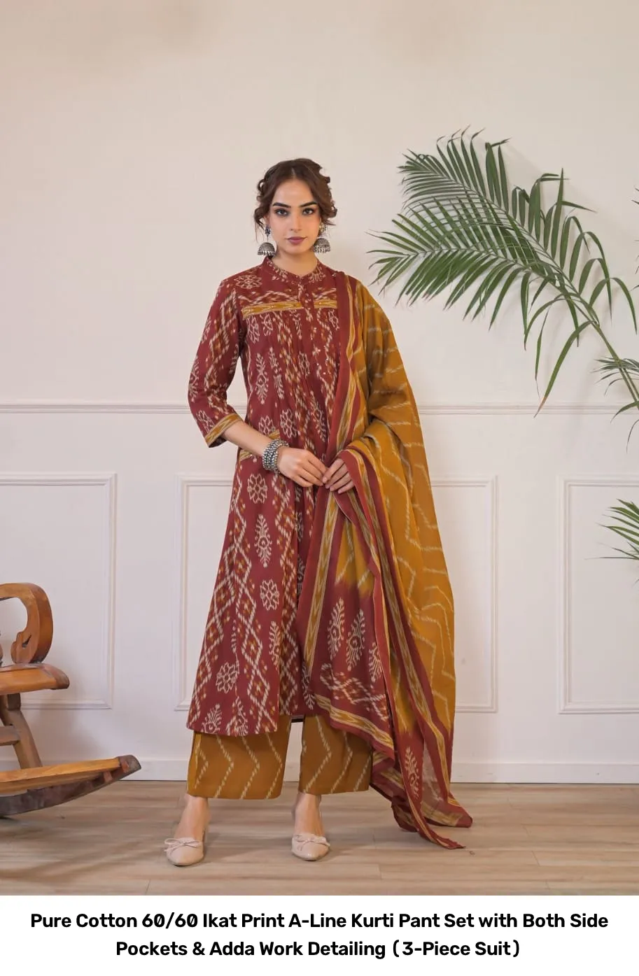 Pure Cotton 60/60 Ikat Print A-Line Kurti Pant Set with Both Side Pockets & Adda Work Detailing (3-Piece Suit) 9
