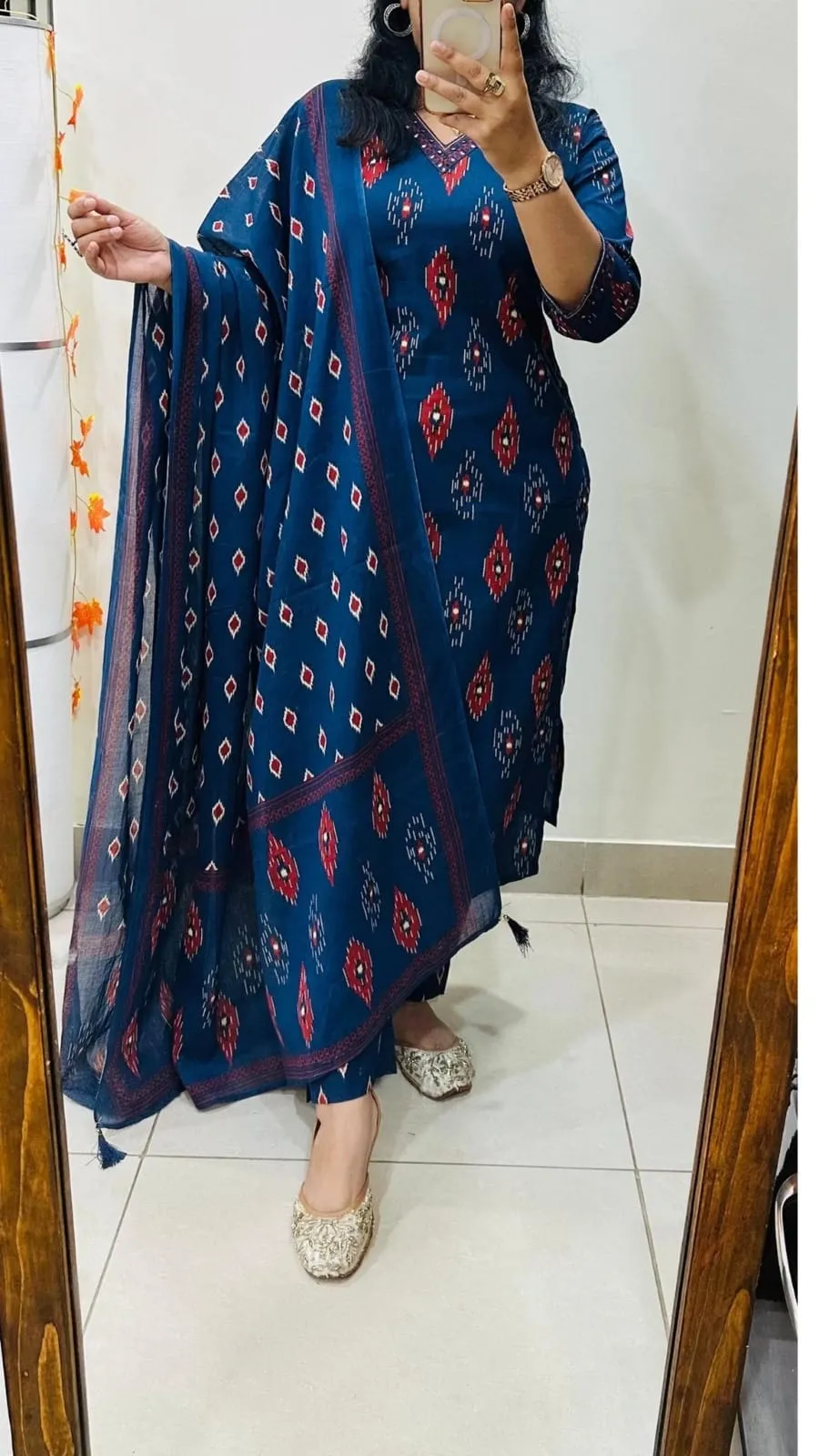 Pure Cotton 6060 Ikat Print Kurti Pant Set with Dupatta | Hand Mirror Work Festive Ethnic Suit 3-Piece