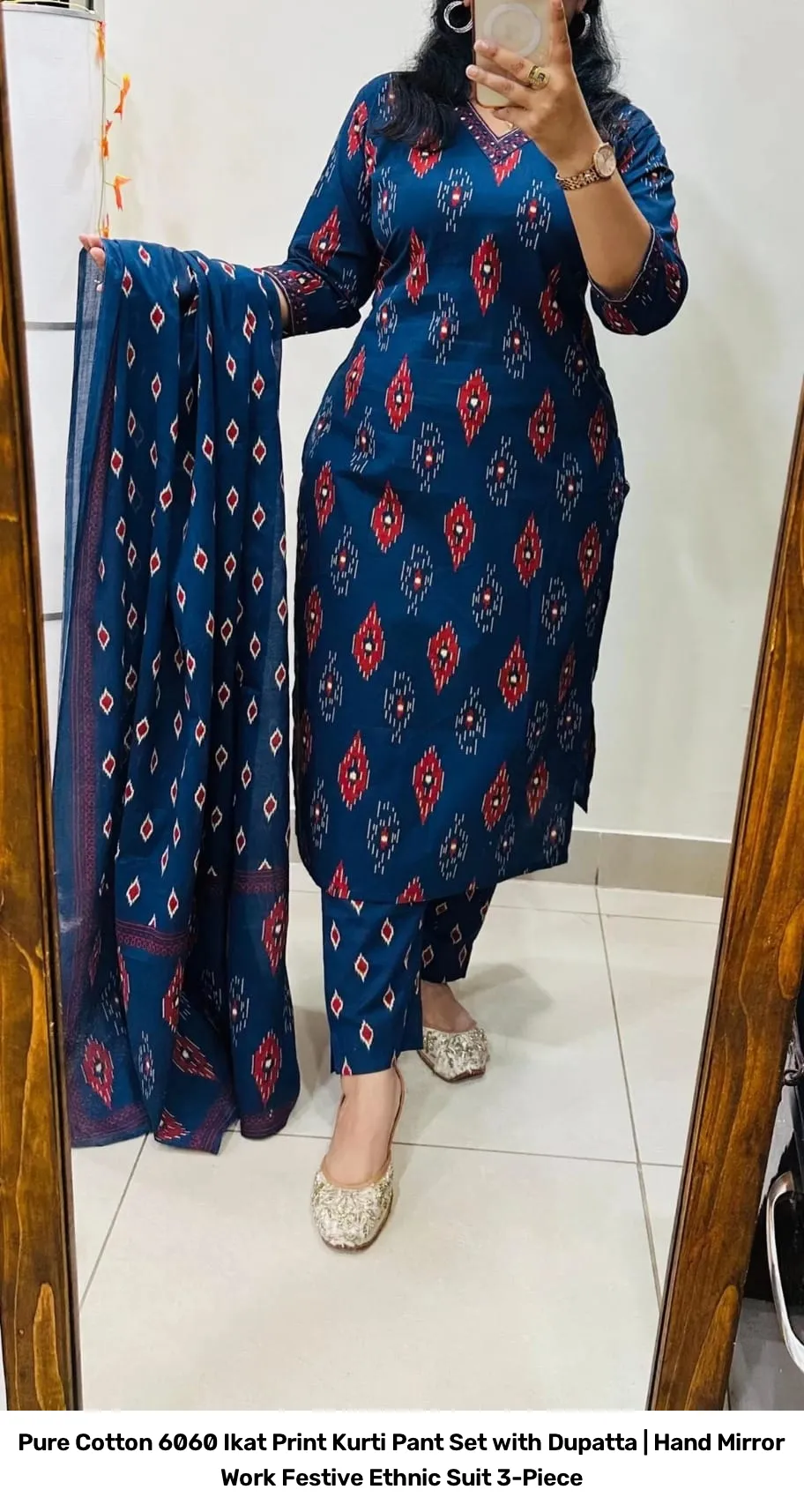 Pure Cotton 6060 Ikat Print Kurti Pant Set with Dupatta | Hand Mirror Work Festive Ethnic Suit 3-Piece 10