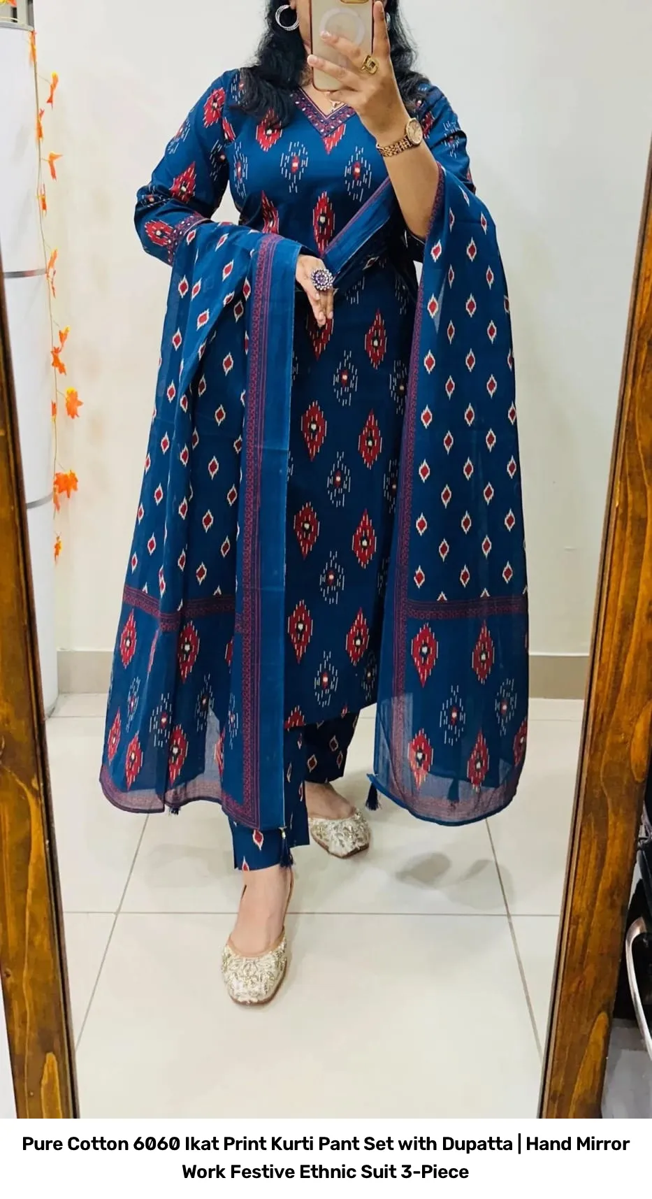 Pure Cotton 6060 Ikat Print Kurti Pant Set with Dupatta | Hand Mirror Work Festive Ethnic Suit 3-Piece 11