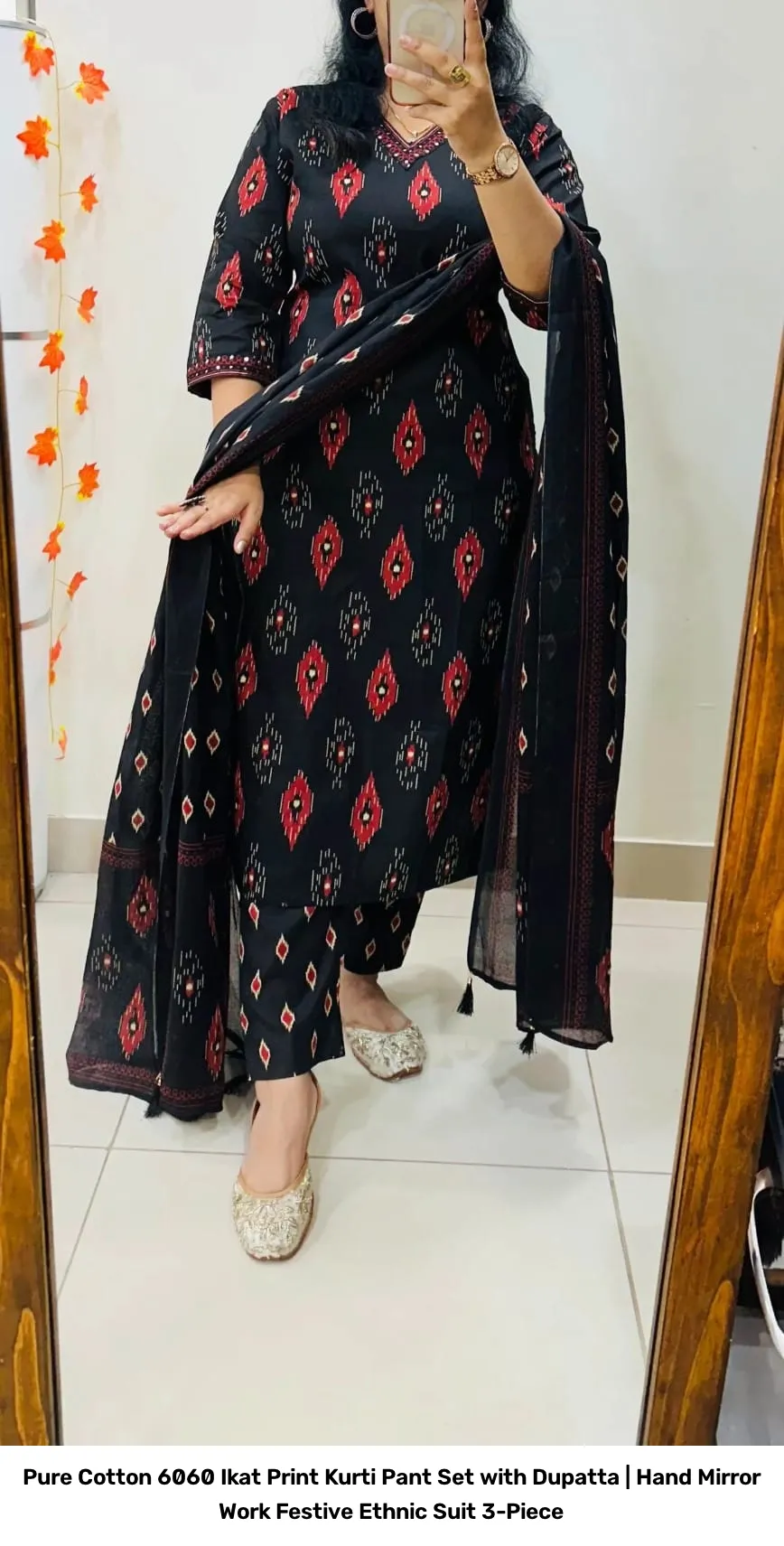 Pure Cotton 6060 Ikat Print Kurti Pant Set with Dupatta | Hand Mirror Work Festive Ethnic Suit 3-Piece 12