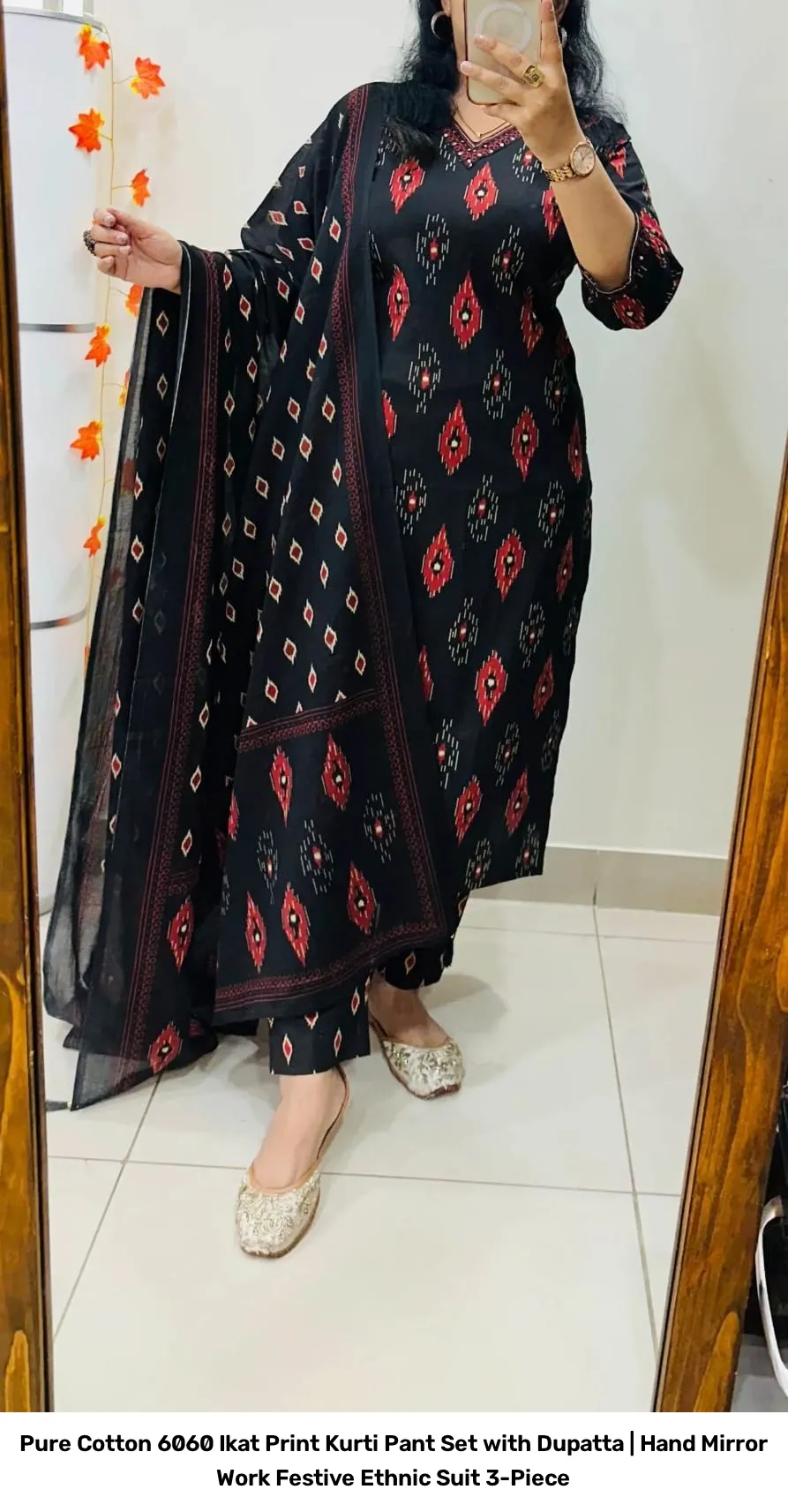 Pure Cotton 6060 Ikat Print Kurti Pant Set with Dupatta | Hand Mirror Work Festive Ethnic Suit 3-Piece 13