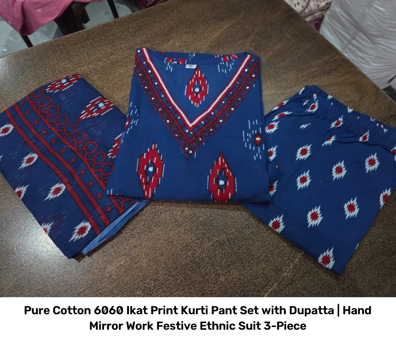Pure Cotton 6060 Ikat Print Kurti Pant Set with Dupatta | Hand Mirror Work Festive Ethnic Suit 3-Piece 14