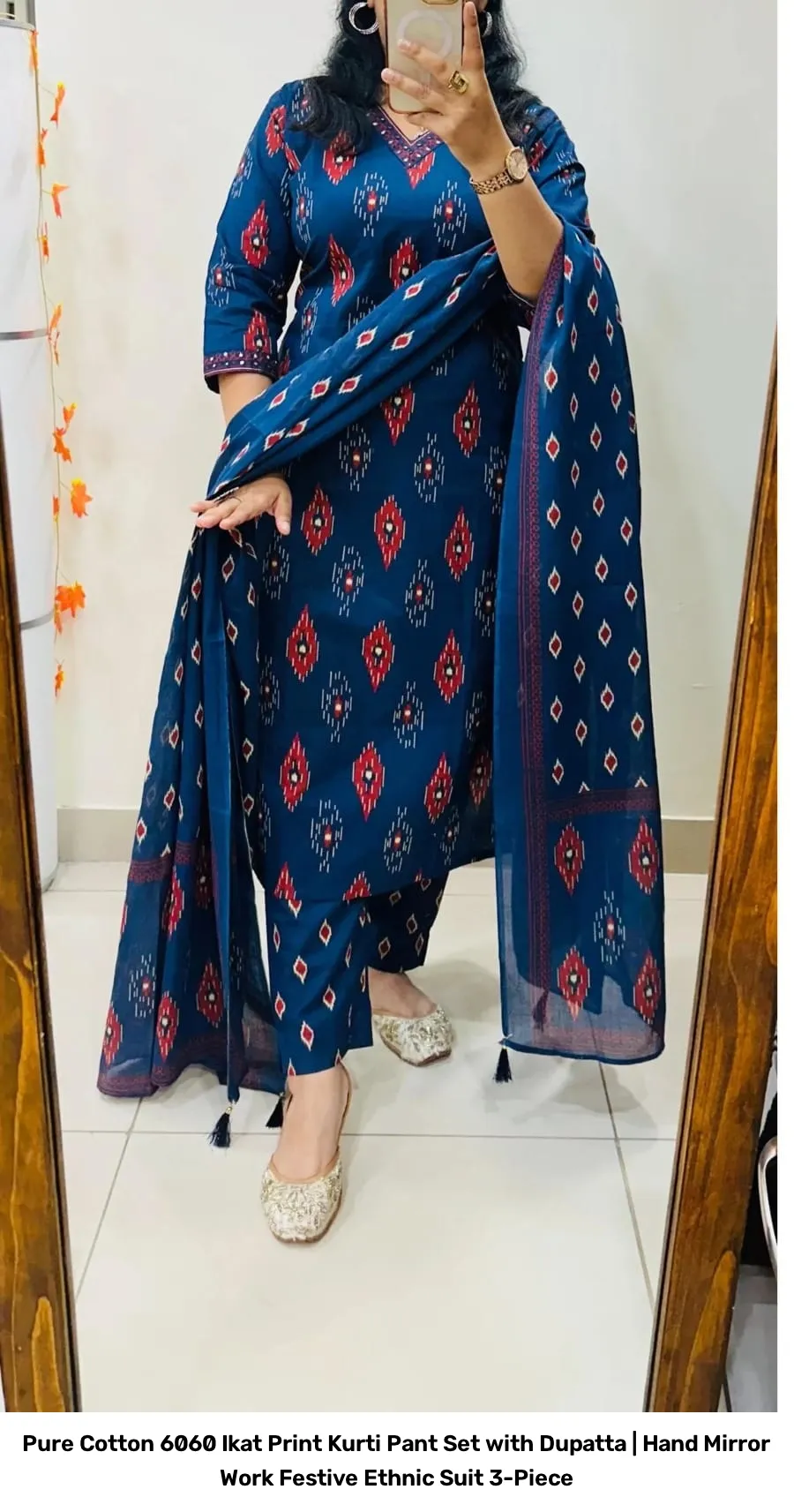 Pure Cotton 6060 Ikat Print Kurti Pant Set with Dupatta | Hand Mirror Work Festive Ethnic Suit 3-Piece 15