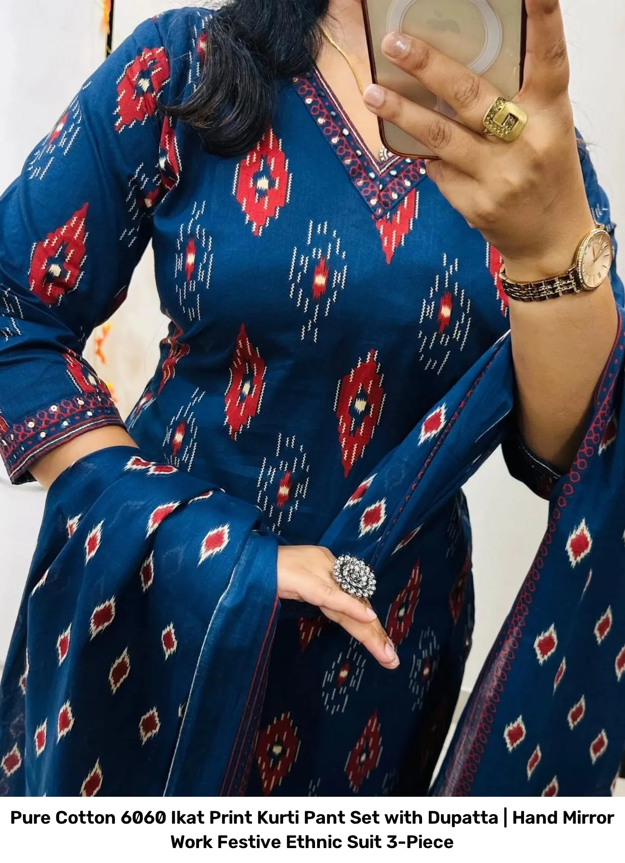 Pure Cotton 6060 Ikat Print Kurti Pant Set with Dupatta | Hand Mirror Work Festive Ethnic Suit 3-Piece 16