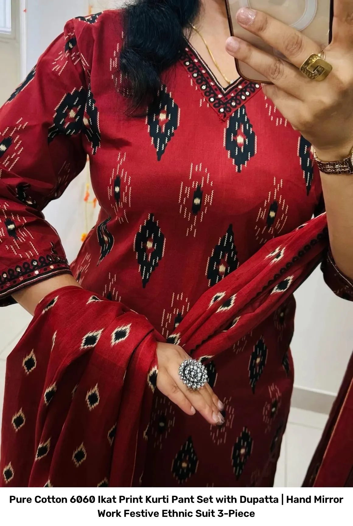 Pure Cotton 6060 Ikat Print Kurti Pant Set with Dupatta | Hand Mirror Work Festive Ethnic Suit 3-Piece 18