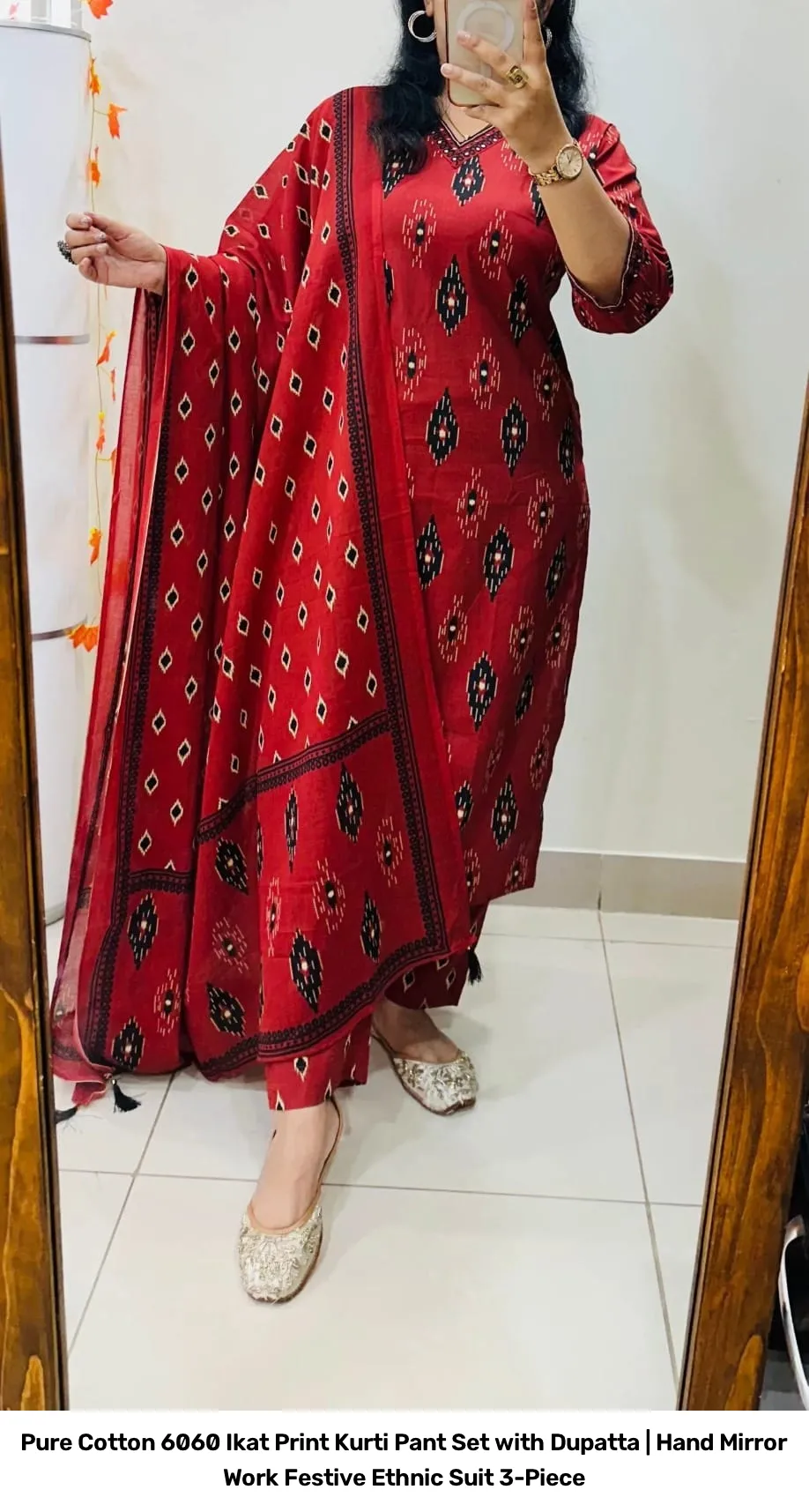 Pure Cotton 6060 Ikat Print Kurti Pant Set with Dupatta | Hand Mirror Work Festive Ethnic Suit 3-Piece 2