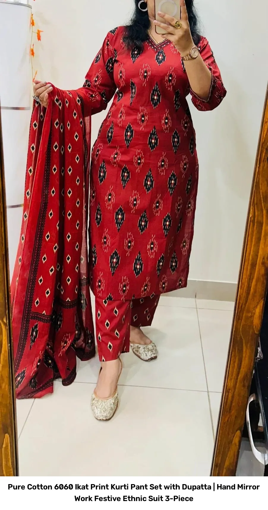 Pure Cotton 6060 Ikat Print Kurti Pant Set with Dupatta | Hand Mirror Work Festive Ethnic Suit 3-Piece 20