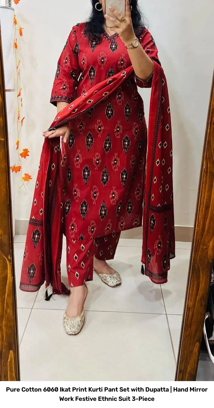 Pure Cotton 6060 Ikat Print Kurti Pant Set with Dupatta | Hand Mirror Work Festive Ethnic Suit 3-Piece 4