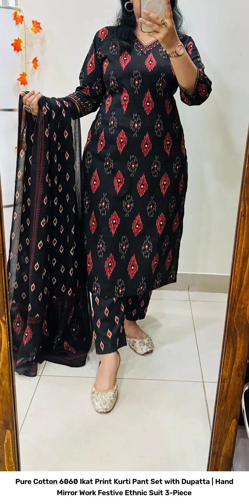 Pure Cotton 6060 Ikat Print Kurti Pant Set with Dupatta | Hand Mirror Work Festive Ethnic Suit 3-Piece 5