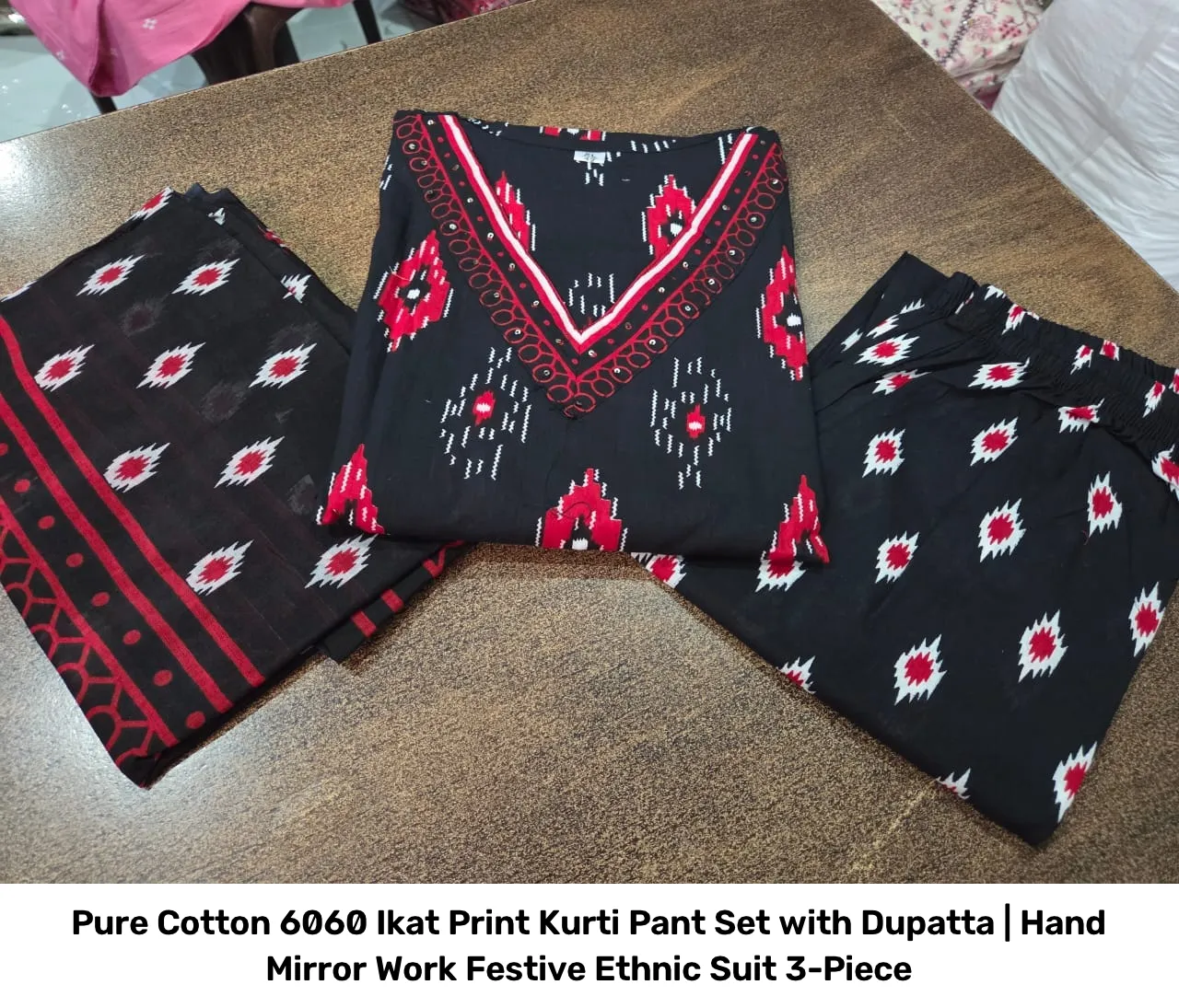 Pure Cotton 6060 Ikat Print Kurti Pant Set with Dupatta | Hand Mirror Work Festive Ethnic Suit 3-Piece 6