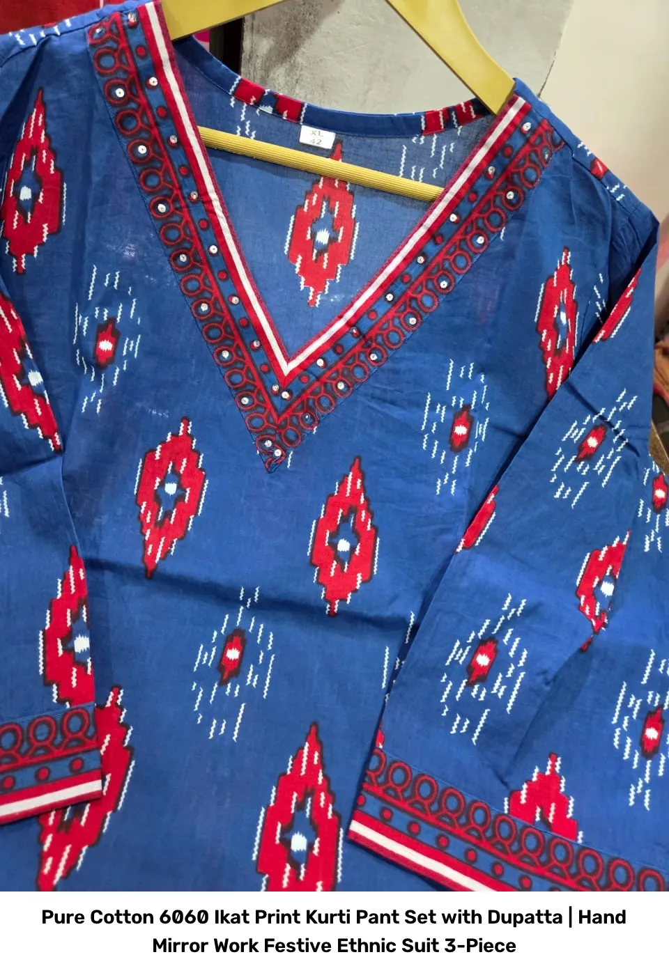 Pure Cotton 6060 Ikat Print Kurti Pant Set with Dupatta | Hand Mirror Work Festive Ethnic Suit 3-Piece 7