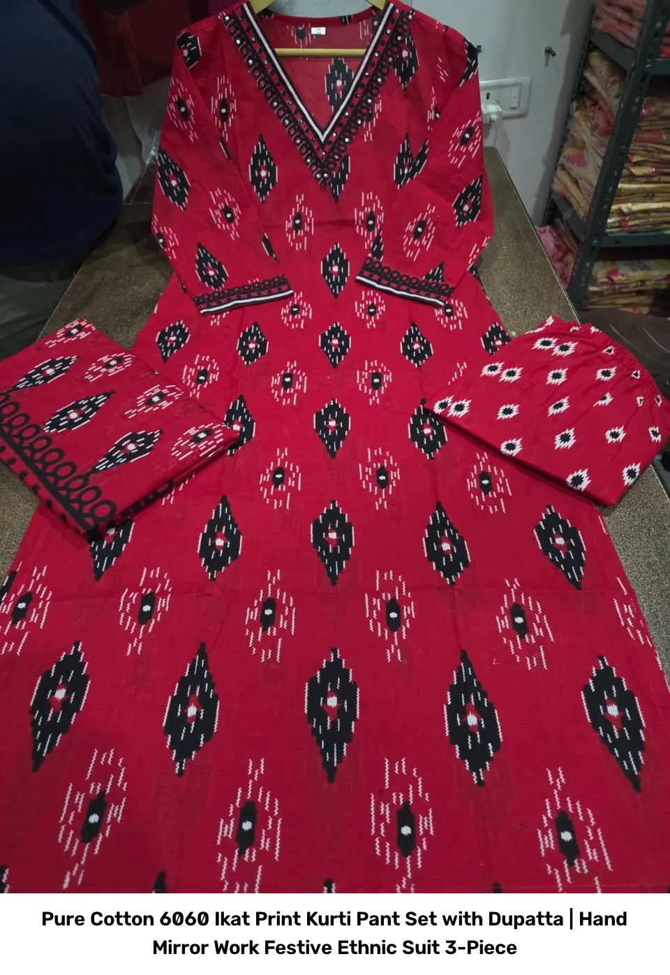 Pure Cotton 6060 Ikat Print Kurti Pant Set with Dupatta | Hand Mirror Work Festive Ethnic Suit 3-Piece 8