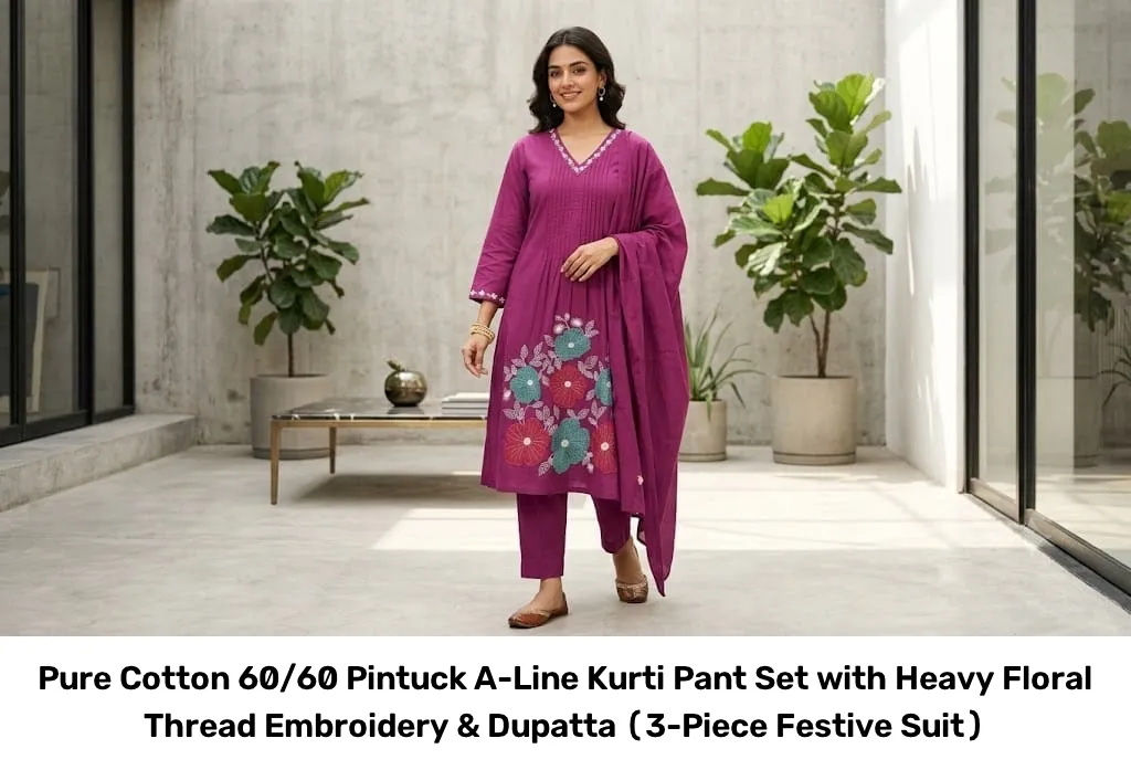 Pure Cotton 60/60 Pintuck A-Line Kurti Pant Set with Heavy Floral Thread Embroidery & Dupatta (3-Piece Festive Suit) 2