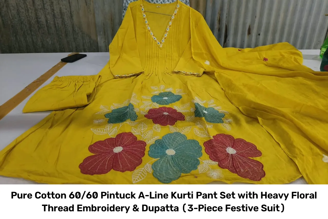 Pure Cotton 60/60 Pintuck A-Line Kurti Pant Set with Heavy Floral Thread Embroidery & Dupatta (3-Piece Festive Suit) 3