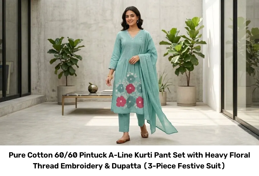 Pure Cotton 60/60 Pintuck A-Line Kurti Pant Set with Heavy Floral Thread Embroidery & Dupatta (3-Piece Festive Suit) 4