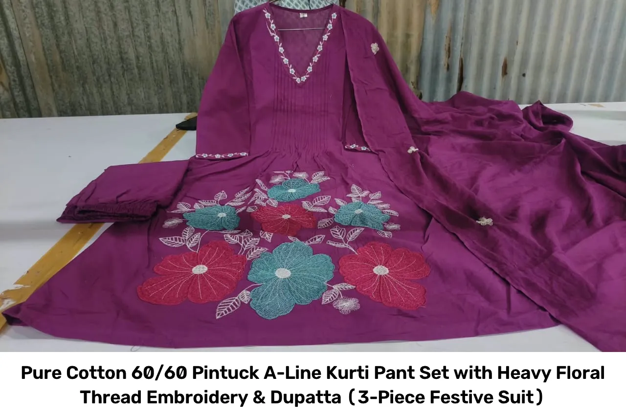 Pure Cotton 60/60 Pintuck A-Line Kurti Pant Set with Heavy Floral Thread Embroidery & Dupatta (3-Piece Festive Suit) 5