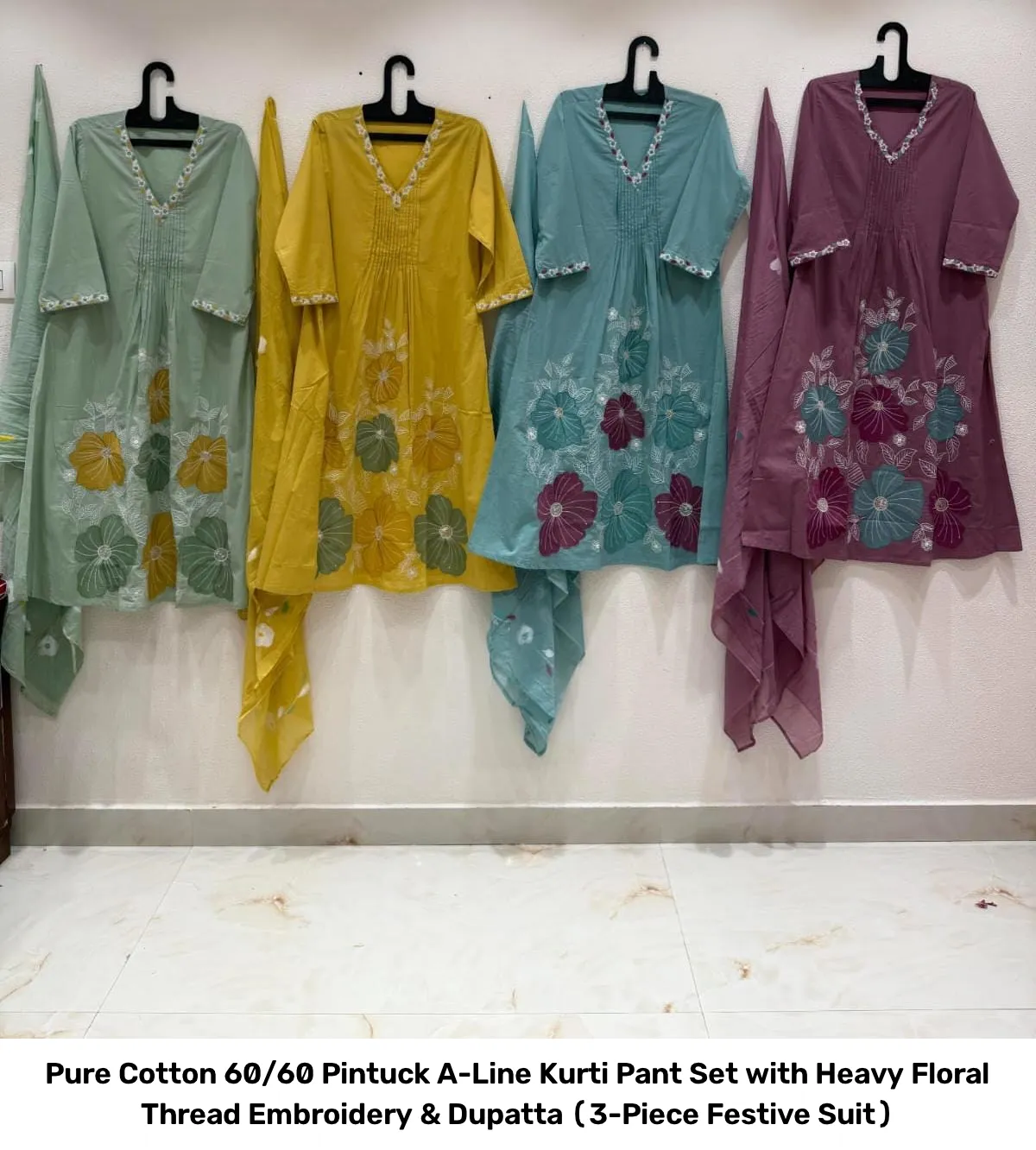 Pure Cotton 60/60 Pintuck A-Line Kurti Pant Set with Heavy Floral Thread Embroidery & Dupatta (3-Piece Festive Suit) 6