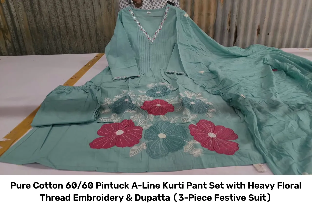 Pure Cotton 60/60 Pintuck A-Line Kurti Pant Set with Heavy Floral Thread Embroidery & Dupatta (3-Piece Festive Suit) 7