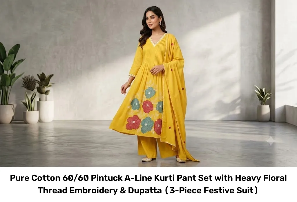Pure Cotton 60/60 Pintuck A-Line Kurti Pant Set with Heavy Floral Thread Embroidery & Dupatta (3-Piece Festive Suit) 8