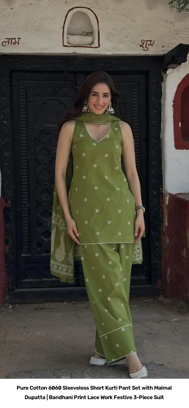 Pure Cotton 6060 Sleeveless Short Kurti Pant Set with Malmal Dupatta | Bandhani Print Lace Work Festive 3-Piece Suit 10