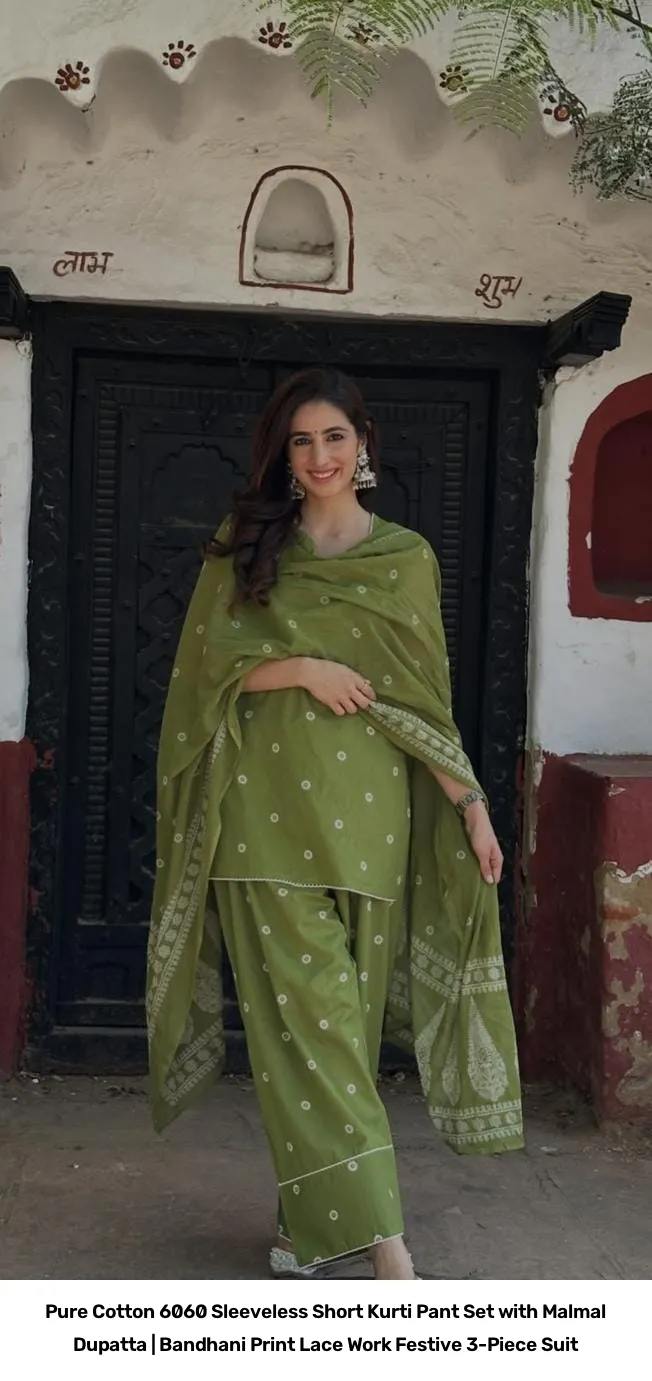 Pure Cotton 6060 Sleeveless Short Kurti Pant Set with Malmal Dupatta | Bandhani Print Lace Work Festive 3-Piece Suit 11