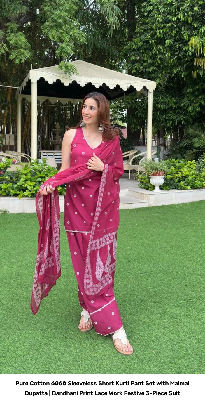 Pure Cotton 6060 Sleeveless Short Kurti Pant Set with Malmal Dupatta | Bandhani Print Lace Work Festive 3-Piece Suit 13