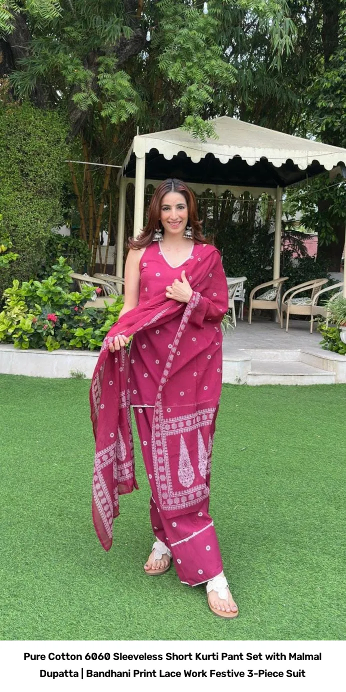 Pure Cotton 6060 Sleeveless Short Kurti Pant Set with Malmal Dupatta | Bandhani Print Lace Work Festive 3-Piece Suit 14