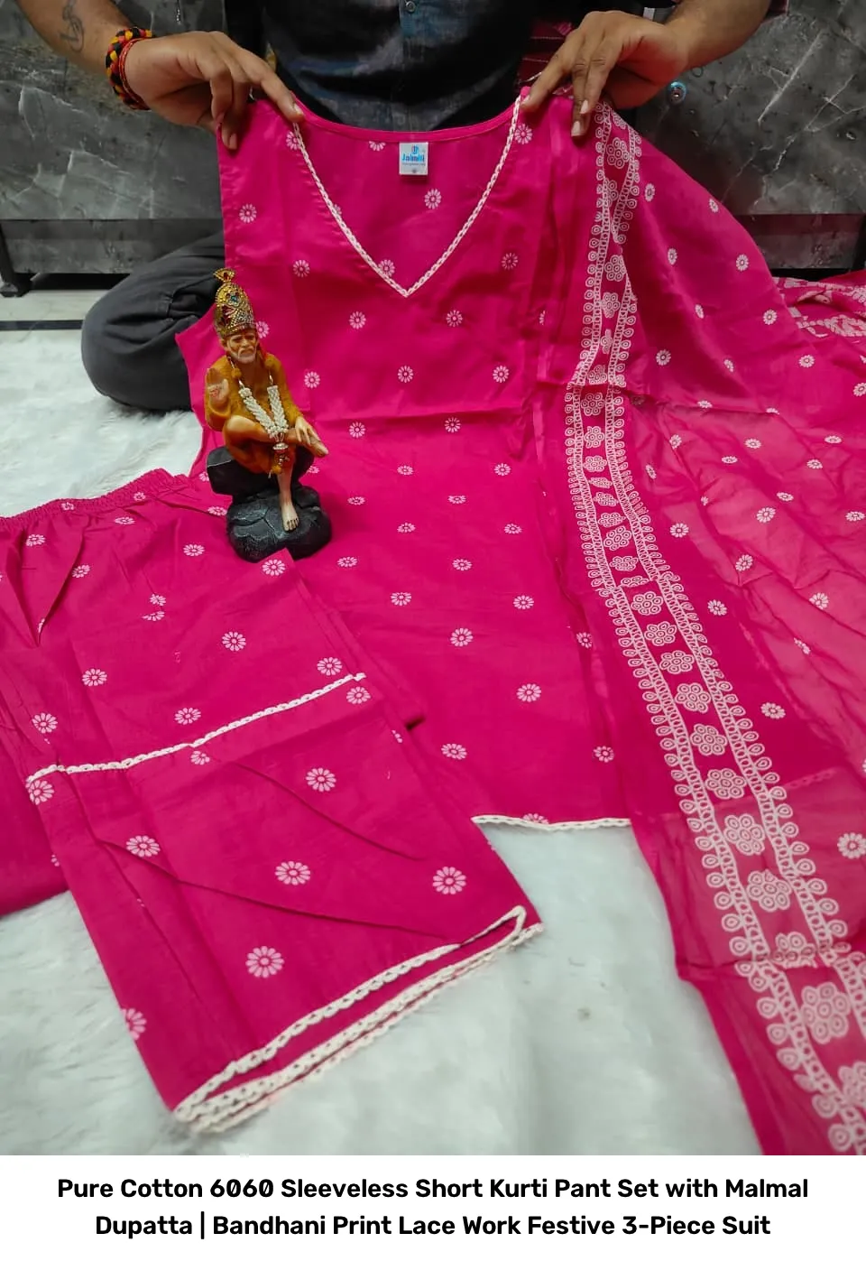 Pure Cotton 6060 Sleeveless Short Kurti Pant Set with Malmal Dupatta | Bandhani Print Lace Work Festive 3-Piece Suit 15