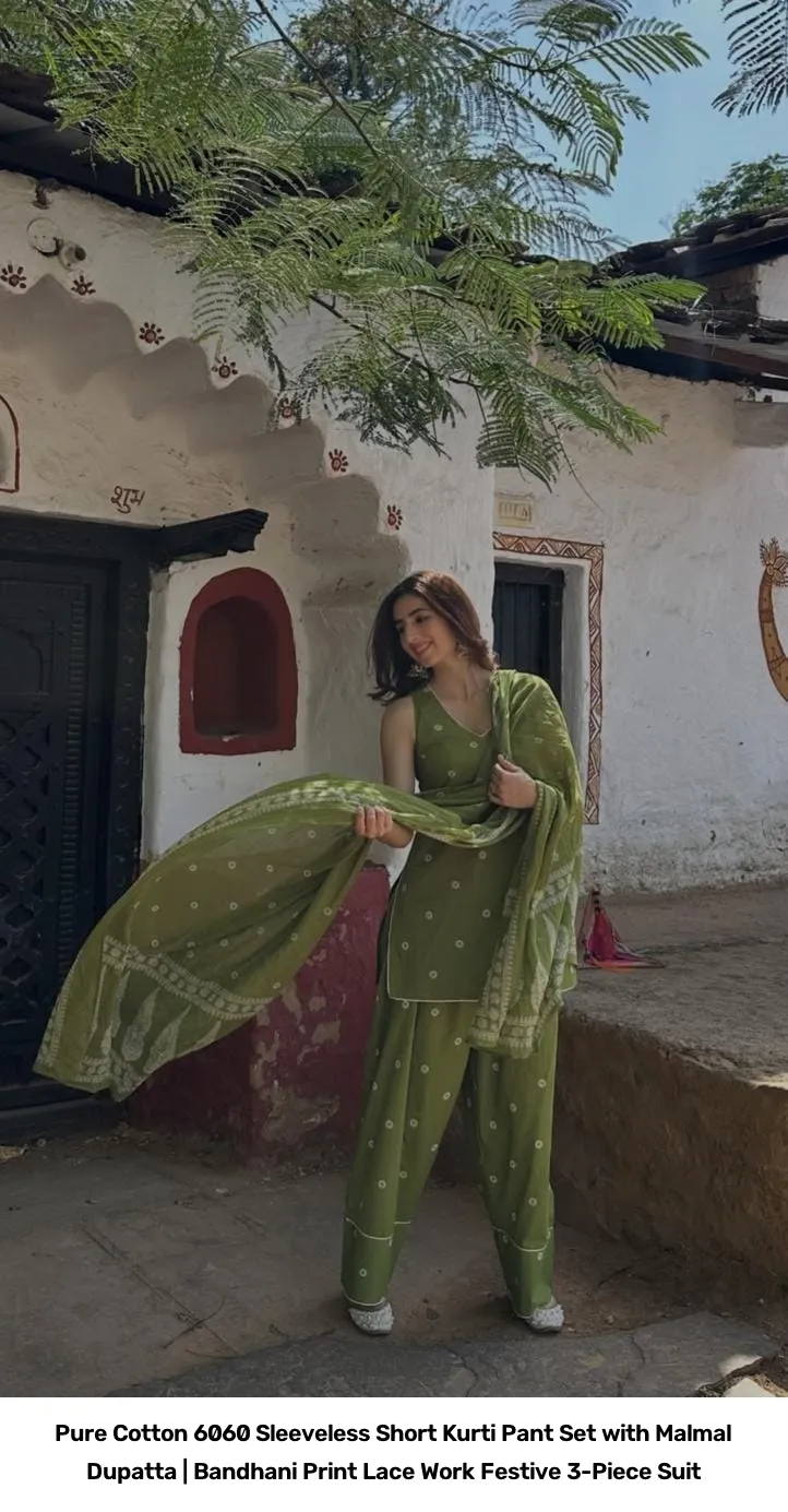Pure Cotton 6060 Sleeveless Short Kurti Pant Set with Malmal Dupatta | Bandhani Print Lace Work Festive 3-Piece Suit 17