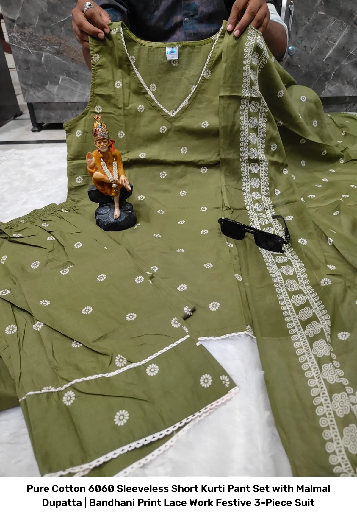 Pure Cotton 6060 Sleeveless Short Kurti Pant Set with Malmal Dupatta | Bandhani Print Lace Work Festive 3-Piece Suit 18