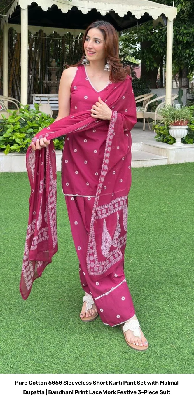 Pure Cotton 6060 Sleeveless Short Kurti Pant Set with Malmal Dupatta | Bandhani Print Lace Work Festive 3-Piece Suit 2
