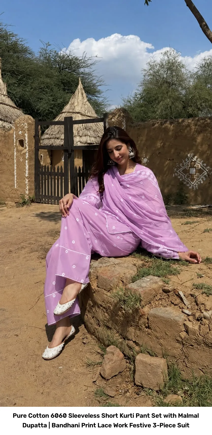 Pure Cotton 6060 Sleeveless Short Kurti Pant Set with Malmal Dupatta | Bandhani Print Lace Work Festive 3-Piece Suit 3