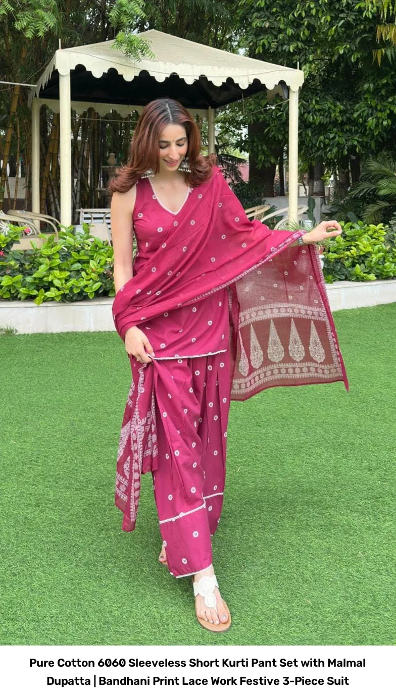 Pure Cotton 6060 Sleeveless Short Kurti Pant Set with Malmal Dupatta | Bandhani Print Lace Work Festive 3-Piece Suit 4