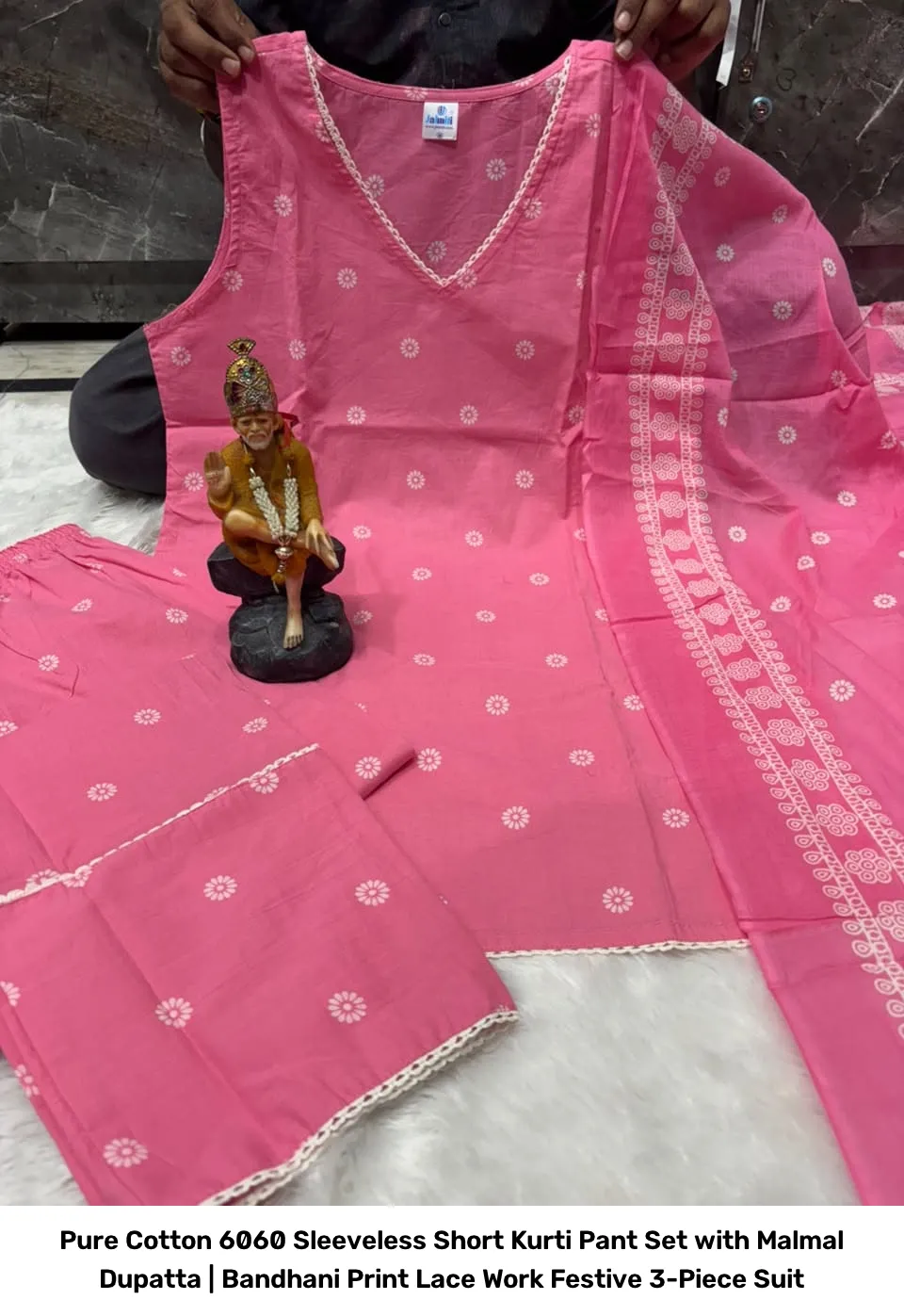 Pure Cotton 6060 Sleeveless Short Kurti Pant Set with Malmal Dupatta | Bandhani Print Lace Work Festive 3-Piece Suit 6