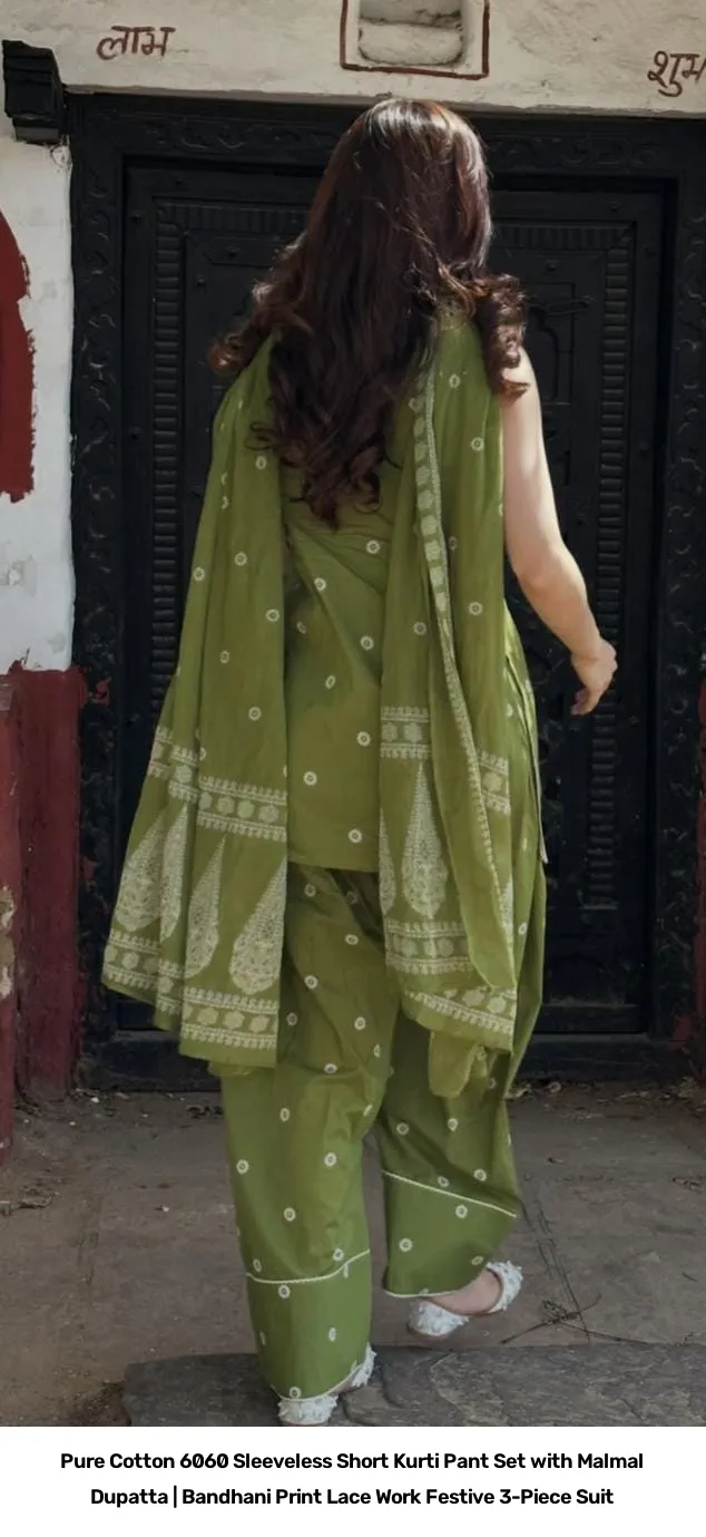 Pure Cotton 6060 Sleeveless Short Kurti Pant Set with Malmal Dupatta | Bandhani Print Lace Work Festive 3-Piece Suit 9