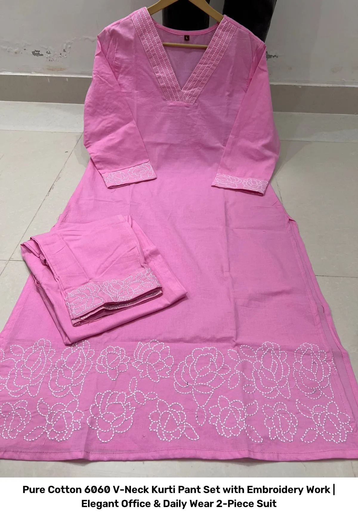 Pure Cotton 6060 V-Neck Kurti Pant Set with Embroidery Work | Elegant Office & Daily Wear 2-Piece Suit 10
