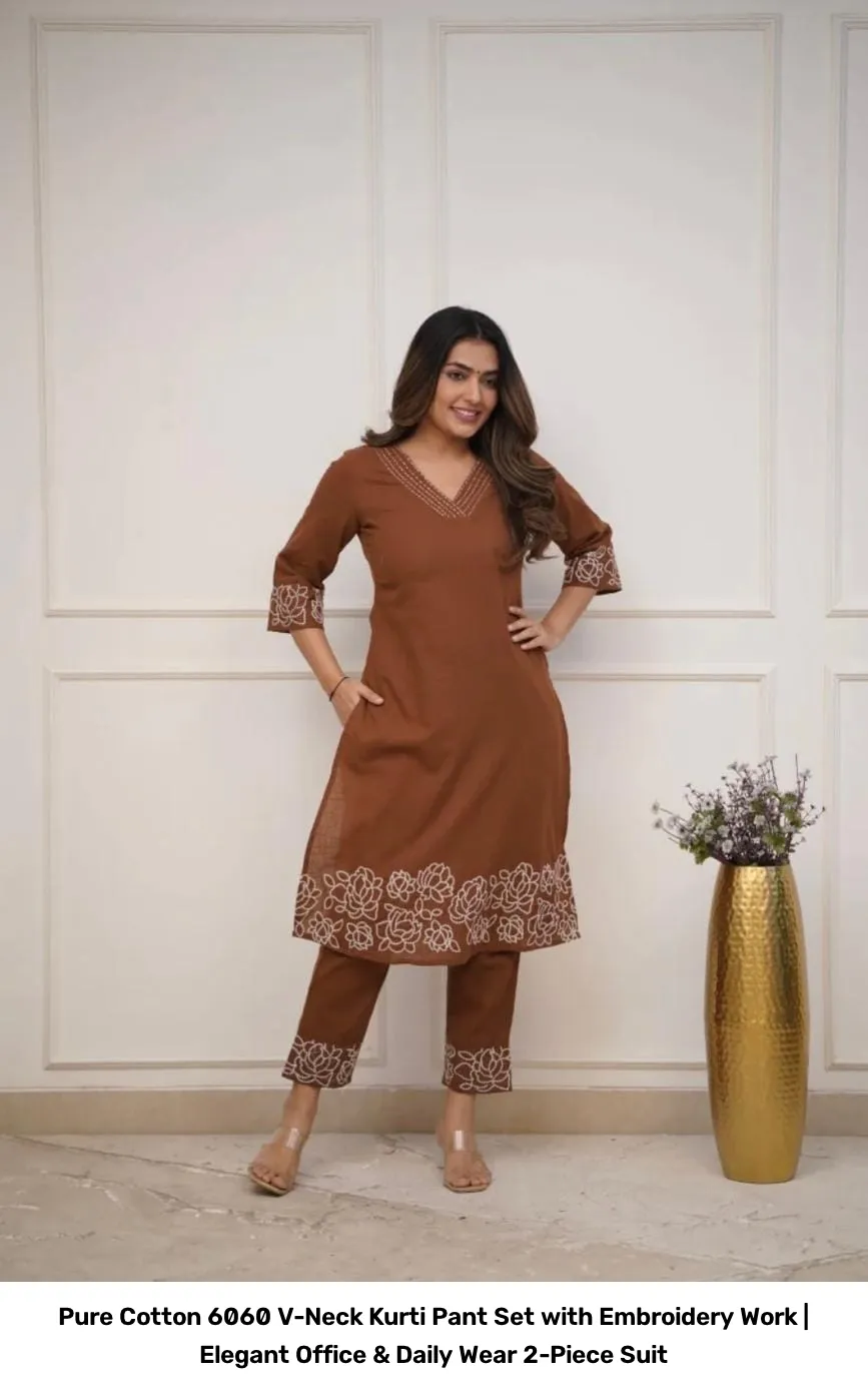 Pure Cotton 6060 V-Neck Kurti Pant Set with Embroidery Work | Elegant Office & Daily Wear 2-Piece Suit 11