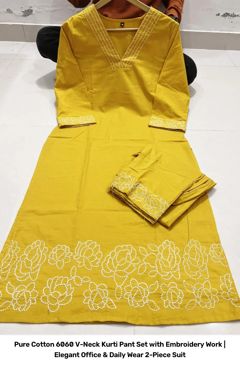 Pure Cotton 6060 V-Neck Kurti Pant Set with Embroidery Work | Elegant Office & Daily Wear 2-Piece Suit 14