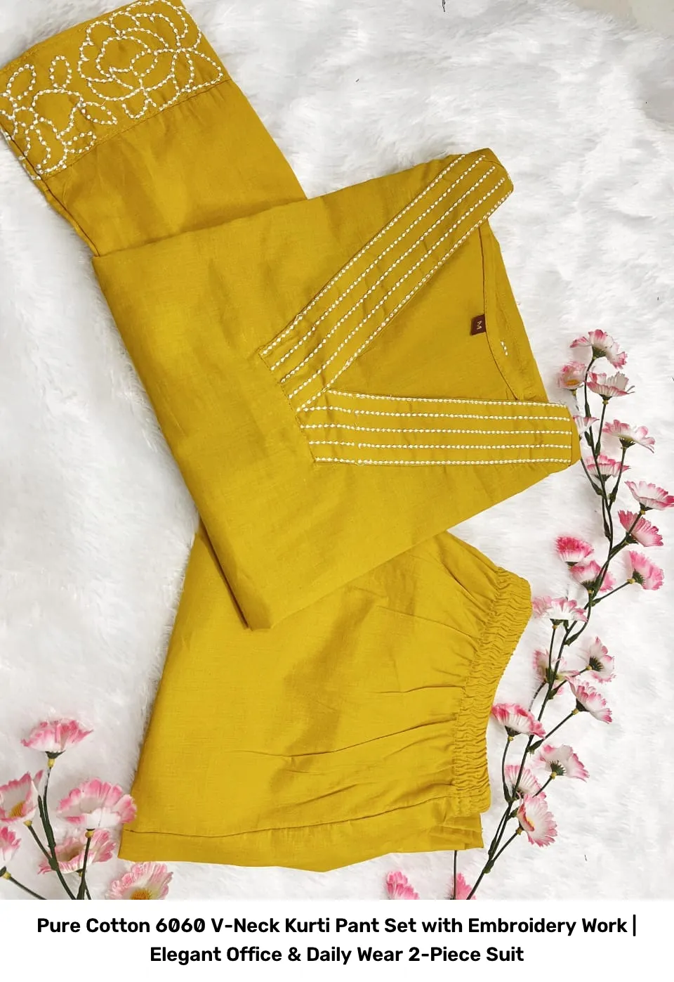 Pure Cotton 6060 V-Neck Kurti Pant Set with Embroidery Work | Elegant Office & Daily Wear 2-Piece Suit 15